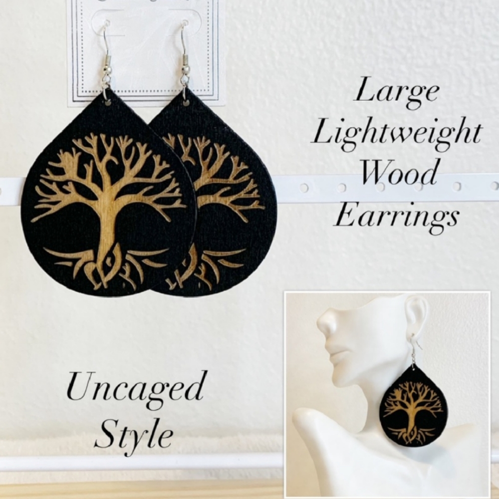 Black - Tree of Life Wood Earrings